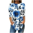 thumbnail image 1 of CYMMPU Fall Trendy Shirts 3/4 Sleeve Loose Fit T-Shirts Round Neck Blouses for Women Dressy Casual Spring Tops Flower Printed Hide Low Hem Plus Size T-Shirts XXXL, 1 of 5