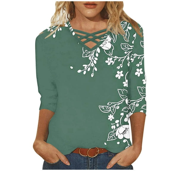 CYMMPU Fall Trendy Shirts 3/4 Sleeve Loose Fit Tunic Tops Boho Blouses for Women Dressy Casual Floral Printed Spring Tops V Neck Business Elegant Work Tops T-Shirts S