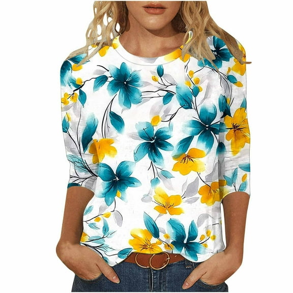 CYMMPU Fall Trendy Shirts 3/4 Sleeve Patchwork Spring Tops Loose Fit Blouses for Women Dressy Casual Tunic Tops Round Neck Lightweight Basic Tees Yellow L