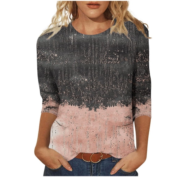 CYMMPU Fall Trendy Shirts 3/4 Sleeve Round Neck Loose Fit Blouses for Women Dressy Casual Tunic Tops Spring Tops Floral Pattern Lightweight Basic Tees Khaki S