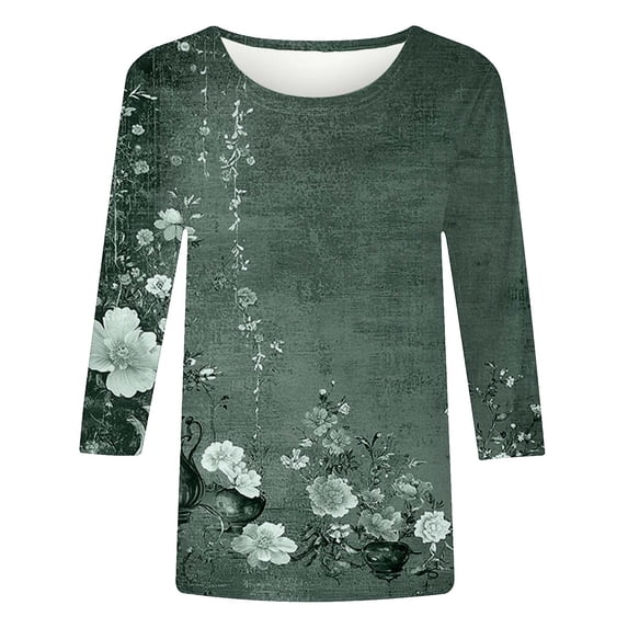 CYMMPU Fall Trendy Shirts 3/4 Sleeve Spring Tops Blouses for Women Dressy Casual Flower Pattern Loose Fit Tunic Tops Crew Neck Lightweight Basic Tees Green S