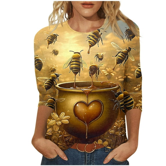 CYMMPU Fall Trendy Shirts 3/4 Sleeve Spring Tops Blouses for Women Dressy Casual Flower Pattern Tunic Tops Loose Fit Crew Neck Lightweight Basic Tees XXXXXL