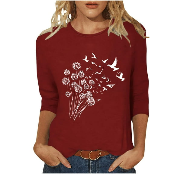 CYMMPU Fall Trendy Shirts 3/4 Sleeve Spring Tops Flower Pattern Tunic Tops Round Neck Loose Fit Blouses for Women Dressy Casual Lightweight Basic Tees Wine XXL