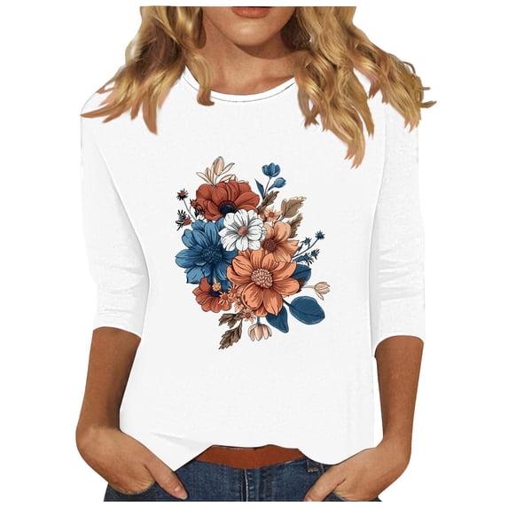 CYMMPU Fall Trendy Shirts 3/4 Sleeve Spring Tops T-Shirts Loose Fit Blouses for Women Dressy Casual Floral Printed Round Neck Lightweight Basic Tees White XXXL