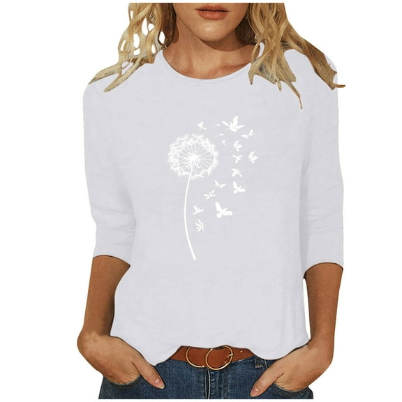 CYMMPU Fall Trendy Shirts 3/4 Sleeve Spring Tunic Tops Loose Fit Flower Pattern Round Neck Blouses for Women Dressy Casual Lightweight Basic Tees XXXXXL