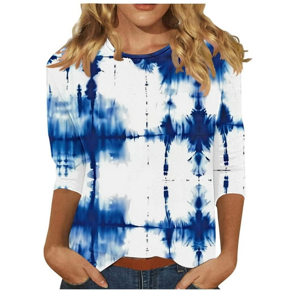 CYMMPU Fall Trendy Shirts 3/4 Sleeve T-Shirts Striped Ombre Loose Fit Spring Tops Crew Neck Blouses for Women Dressy Casual Dye Tie T-Shirts Multicolor XL