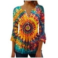 thumbnail image 1 of CYMMPU Fall Trendy Shirts 3/4 Sleeve Tie Dye Blouses for Women Dressy Casual Spring Tunic Tops Loose Fit Button V Neck Flare Sleeve Pleated Dressy T-Shirts Multicolor S, 1 of 5