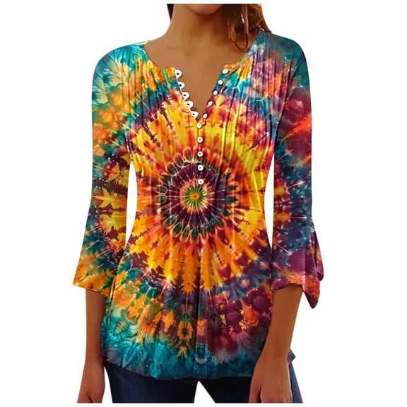 CYMMPU Fall Trendy Shirts 3/4 Sleeve Tie Dye Blouses for Women Dressy Casual Spring Tunic Tops Loose Fit Button V Neck Flare Sleeve Pleated Dressy T-Shirts Multicolor S