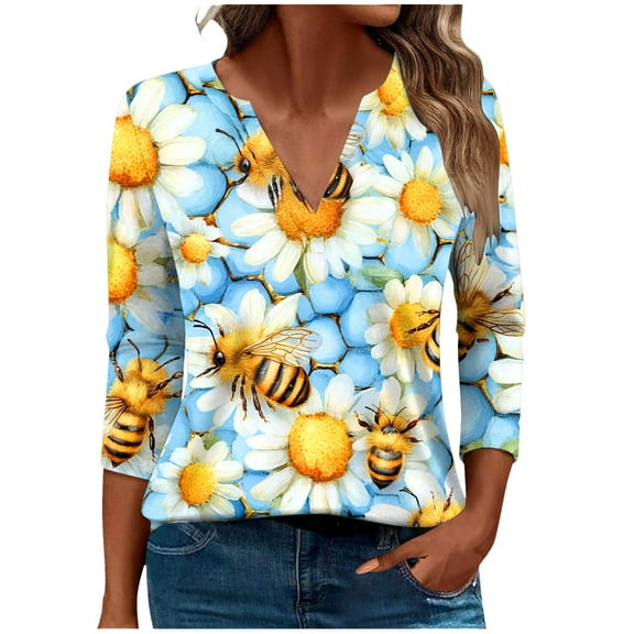CYMMPU Fall Trendy Shirts 3/4 Sleeve V Neck Blouses for Women Dressy Casual Loose Fit Bee Pattern Spring Tops T-Shirts Business Elegant Work Tops T-Shirts Multicolor XXL