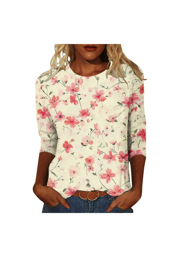 Floral Pattern 3/4 Sleeve Blouses for Women Dressy Casual Fall Fashion Shirts Spring Tops Crew Neck Tunic Tops Loose Fit Lightweight Basic T-Shirts Multicolor M