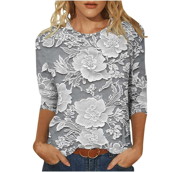 CYMMPU Floral Pattern 3/4 Sleeve Blouses for Women Dressy Casual Spring Tops Crew Neck Loose Fit Summer Fashion Shirts T-Shirts Lightweight Basic T-Shirts Multicolor XXXXXL