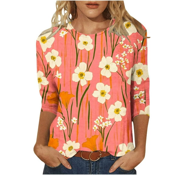 CYMMPU Floral Pattern 3/4 Sleeve Blouses for Women Dressy Casual Spring Tops Loose Fit Crew Neck Summer Trendy Shirts Tunic Tops Lightweight Basic Tees Multicolor S
