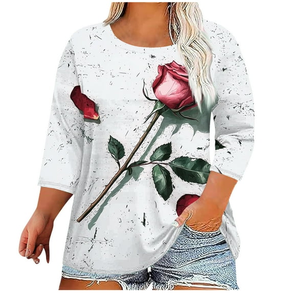 CYMMPU Floral Pattern 3/4 Sleeve Crew Neck Blouses for Women Dressy Casual Fall Fashion Shirts Tunic Tops Spring Tops Loose Fit Lightweight Basic T-Shirts White XL