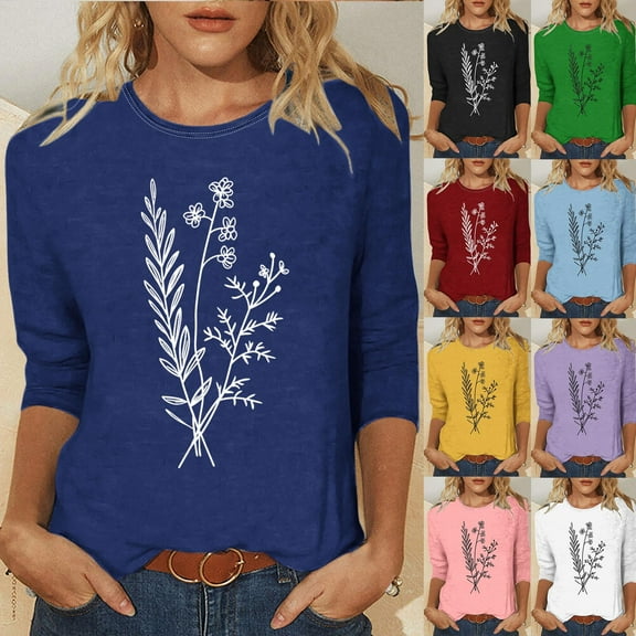 CYMMPU Floral Pattern 3/4 Sleeve Crew Neck Blouses for Women Dressy Casual Fall Trendy Shirts Loose Fit Tunic Tops Spring Tops Lightweight Basic Tees Green S