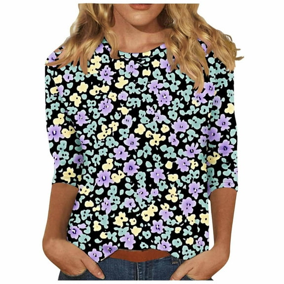 CYMMPU Floral Pattern 3/4 Sleeve Crew Neck Fall Fashion Shirts Blouses for Women Dressy Casual Spring Tops T-Shirts Loose Fit Lightweight Basic T-Shirts Multicolor XL