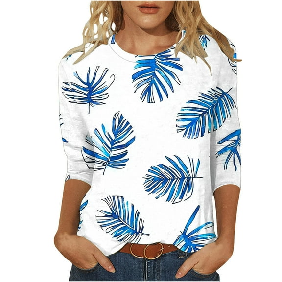 CYMMPU Floral Pattern 3/4 Sleeve Crew Neck Spring Tops Loose Fit Tunic Tops Summer Fashion Shirts Blouses for Women Dressy Casual Empire Waist A Line T-Shirts White L