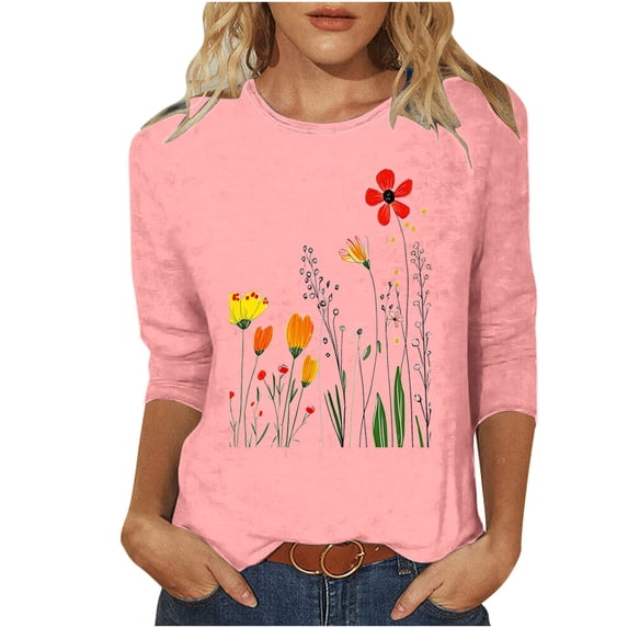 CYMMPU Floral Pattern 3/4 Sleeve Crew Neck T-Shirts Spring Tops Blouses for Women Dressy Casual Loose Fit Summer Trendy Shirts Lightweight Basic Tees Pink M