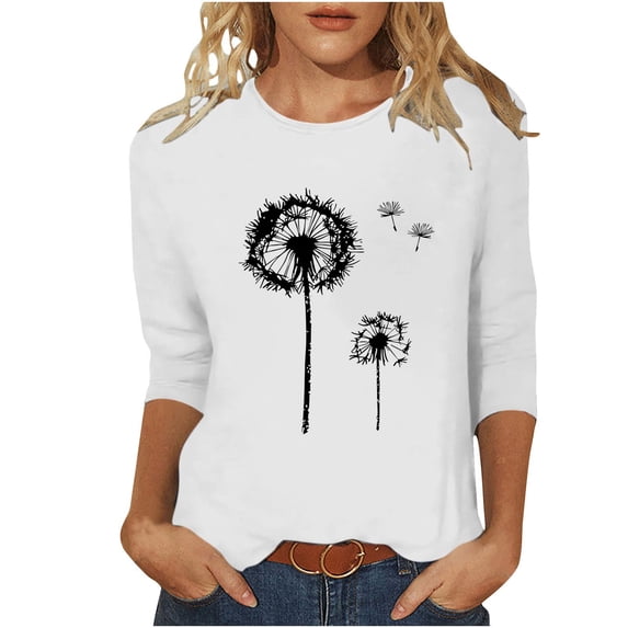 CYMMPU Floral Pattern 3/4 Sleeve Crew Neck Tunic Tops Boho Blouses for Women Dressy Casual Summer Fashion Shirts Loose Fit Spring Tops Lightweight Basic T-Shirts S