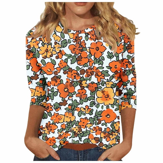 CYMMPU Floral Pattern 3/4 Sleeve Fall Fashion Shirts Loose Fit Tunic Tops Boho Blouses for Women Dressy Casual Crew Neck Spring Tops Lightweight Basic T-Shirts Multicolor XXXXL