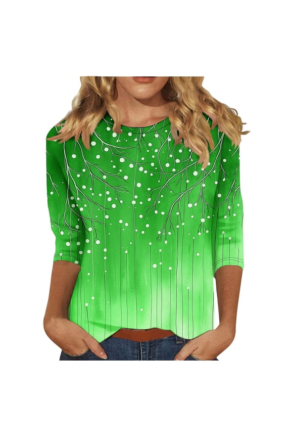 Floral Pattern 3/4 Sleeve Loose Fit Round Neck Blouses for Women Dressy Casual Summer Fashion Shirts Spring Tops T-Shirts Lightweight Basic T-Shirts Green S
