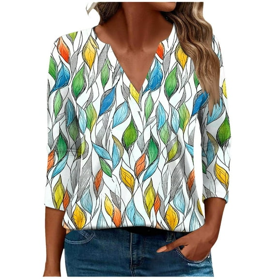 CYMMPU Floral Pattern 3/4 Sleeve Spring Tops V Neck Blouses for Women Dressy Casual Summer Fashion Shirts Loose Fit Tunic Tops Business Elegant Work Topss XL