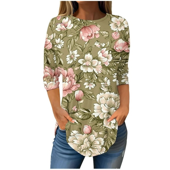 CYMMPU Floral Pattern 3/4 Sleeve Tunic Tops Loose Fit Spring Tops Crew Neck Summer Trendy Shirts Blouses for Women Dressy Casual Empire Waist A Line T-Shirts L