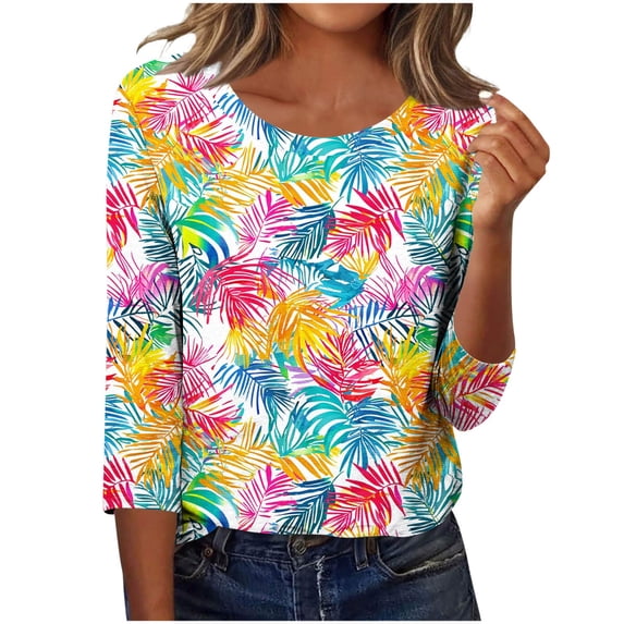 CYMMPU Floral Pattern 3/4 Sleeve Tunic Tops Round Neck Loose Fit Blouses for Women Dressy Casual Fall Trendy Shirts Spring Tops Lightweight Basic Tees Multicolor L