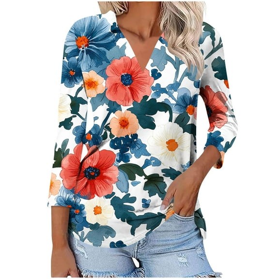 CYMMPU Floral Pattern 3/4 Sleeve V Neck Summer Trendy Shirts Blouses for Women Dressy Casual Loose Fit Spring Tops Business Elegant Work Tops T-Shirts XL