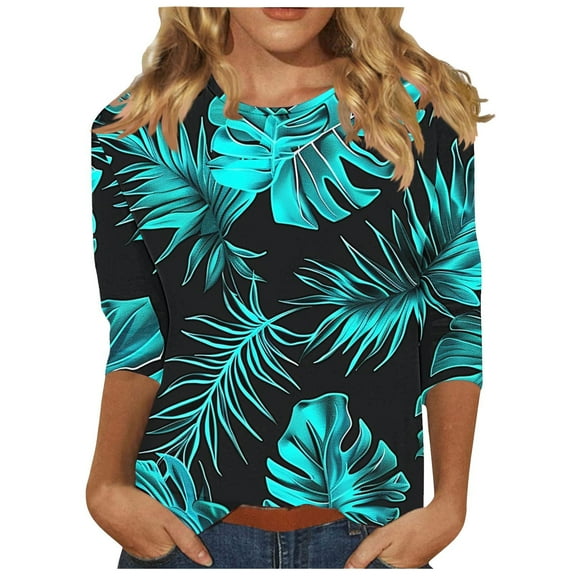 CYMMPU Floral Pattern Crew Neck Blouses for Women Dressy Casual Fall Trendy Shirts Loose Fit T-Shirts Spring Tops 3/4 Sleeve Lightweight Basic Tees S