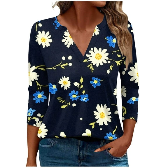 CYMMPU Floral Pattern V Neck Blouses for Women Dressy Casual Spring Tops Loose Fit Tunic Tops Fall Fashion Shirts 3/4 Sleeve Business Elegant Work Topss Multicolor XL