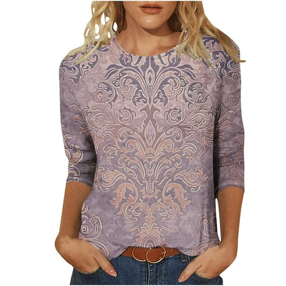 CYMMPU Floral Printed 3/4 Length Sleeve Summer Fall Basic Tees Dressy Tunic Tops Crewneck Business Work Blouses Casual Shirts 2025 Clothes for Women Purple M