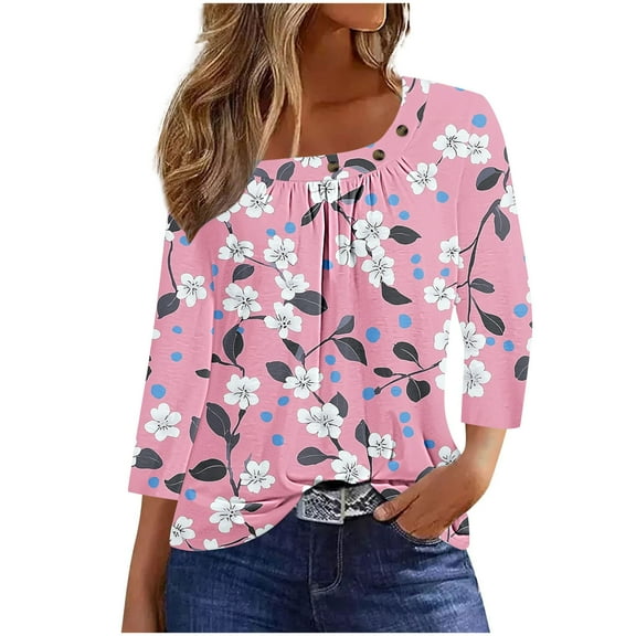 CYMMPU Floral Printed 3/4 Length Sleeve Summer Fall Casual Dressy Tunic Tops Business Work Blouses Shirts Pleated Slanted Neck Basic Tees 2025 Clothes for Women Pink XL