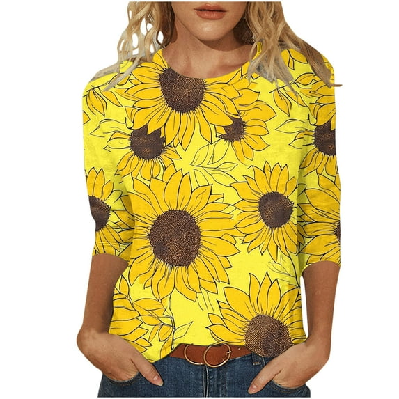 CYMMPU Floral Printed 3/4 Length Sleeve Summer Fall Dressy Tunic Tops Casual Basic Tees Shirts Business Work Blouses Crewneck 2025 Clothes for Women Yellow M