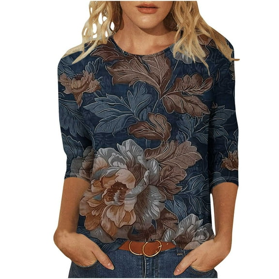 CYMMPU Floral Printed 3/4 Length Sleeve Summer Fall Shirts Business Work Blouses Basic Tees Crewneck Vintage Plus Size Tunic Tops 2025 Clothes for Women Black XXL