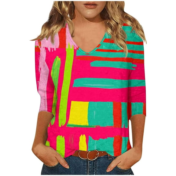 CYMMPU Floral Printed 3/4 Length Sleeve Summer Fall Shirts Plus Size Tunic Tops V-Neck Basic Tees Business Work Blouses Vintage 2025 Clothes for Women Multicolor M