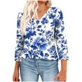 thumbnail image 1 of CYMMPU Floral Printed 3/4 Length Sleeve Summer Fall Vintage Shirts Basic Tees Business Work Blouses V-Neck Plus Size Tunic Tops 2025 Clothes for Women Blue M, 1 of 8