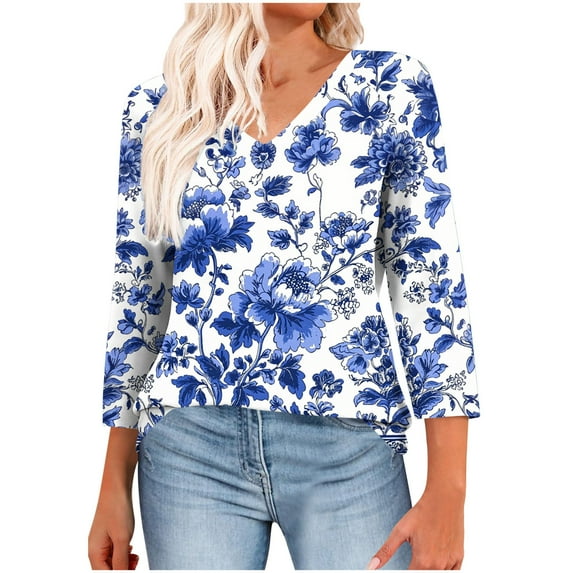 CYMMPU Floral Printed 3/4 Length Sleeve Summer Fall Vintage Shirts Basic Tees Business Work Blouses V-Neck Plus Size Tunic Tops 2025 Clothes for Women Blue M