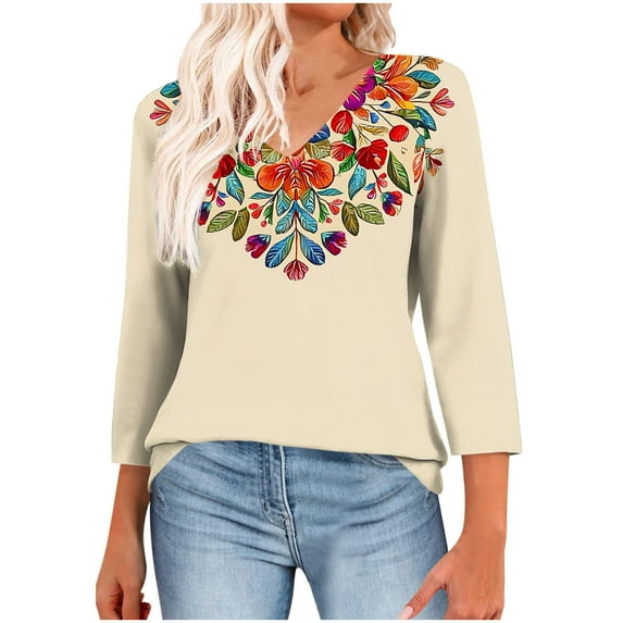 CYMMPU Floral Printed 3/4 Length Sleeve Summer Fall Vintage Shirts Business Work Blouses Plus Size Tunic Tops V-Neck Basic Tees 2025 Clothes for Women Khaki M