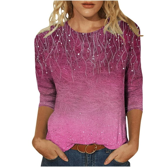 CYMMPU Floral Printed 3/4 Sleeve Blouses for Women Dressy Casual Loose Fit Fall Trendy Shirts Crew Neck Tunic Tops Spring Tops Lightweight Basic Tees Hot Pink M
