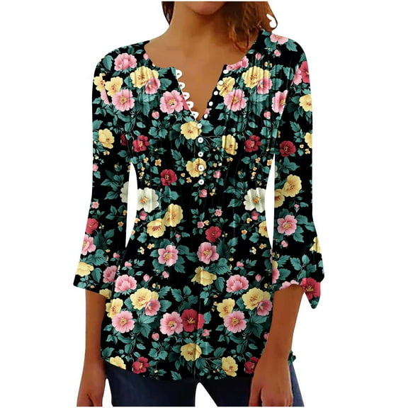 CYMMPU Floral Printed 3/4 Sleeve Blouses for Women Dressy Casual Spring Tops Fall Trendy Shirts Loose Fit Button V Neck Flare Sleeve T-Shirts Pleated Dressy T-Shirts Multicolor L