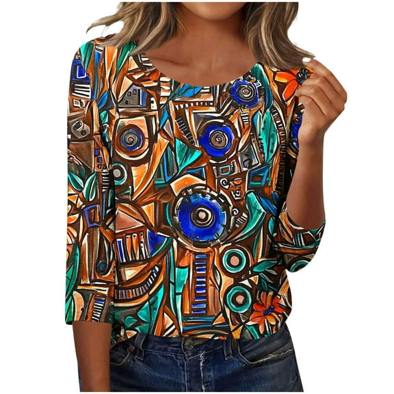 CYMMPU Floral Printed 3/4 Sleeve Blouses for Women Dressy Casual Tunic Tops Fall Fashion Shirts Round Neck Spring Tops Loose Fit Lightweight Basic T-Shirts Multicolor S
