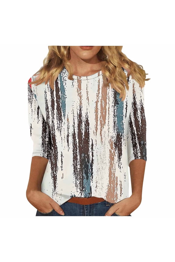 Floral Printed 3/4 Sleeve Crew Neck Fall Trendy Shirts Blouses for Women Dressy Casual Loose Fit Tunic Tops Spring Tops Lightweight Basic Tees Multicolor M
