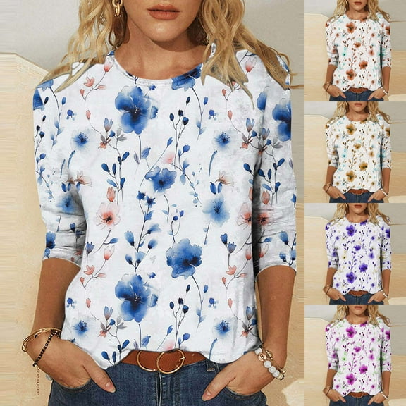 CYMMPU Floral Printed 3/4 Sleeve Loose Fit Blouses for Women Dressy Casual Crew Neck Summer Fashion Shirts Spring Tunic Tops Lightweight Basic T-Shirts Purple XXXL