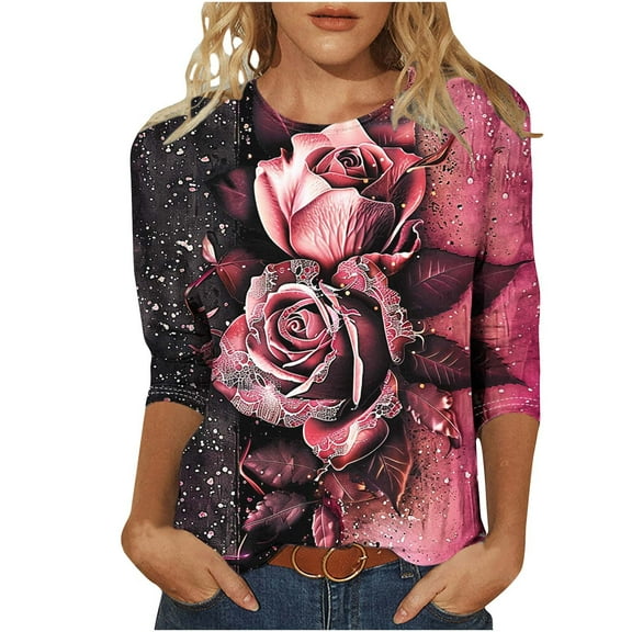 CYMMPU Floral Printed 3/4 Sleeve Loose Fit Spring Tops Crew Neck Blouses for Women Dressy Casual Tunic Tops Fall Fashion Shirts Lightweight Basic T-Shirts Multicolor XXXXL