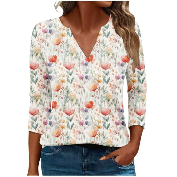 CYMMPU Floral Printed 3/4 Sleeve Loose Fit V Neck Spring Tops Blouses for Women Dressy Casual Summer Fashion Shirts Tunic Tops Business Elegant Work Topss Multicolor S