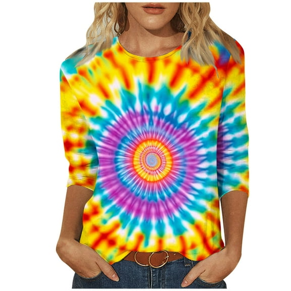 CYMMPU Floral Printed 3/4 Sleeve Summer Fashion Shirts Crew Neck Loose Fit Tunic Tops Spring Tops Blouses for Women Dressy Casual Lightweight Basic T-Shirts S