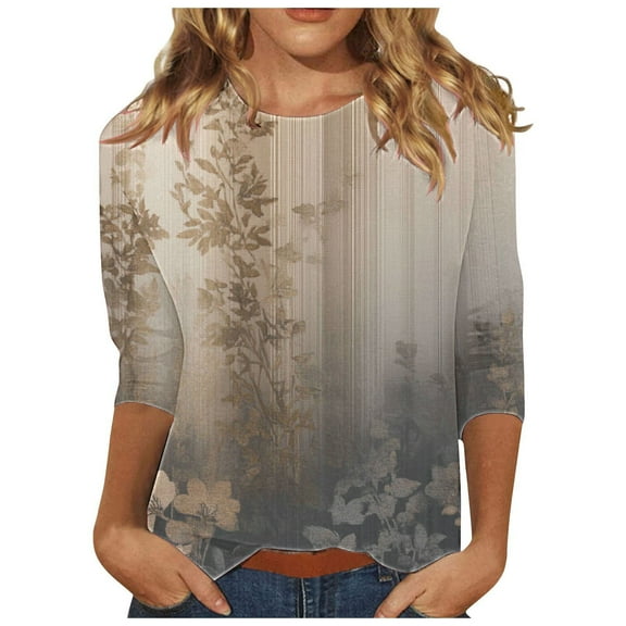 CYMMPU Floral Printed 3/4 Sleeve Tunic Tops Loose Fit Blouses for Women Dressy Casual Summer Trendy Shirts Spring Tops Crew Neck Lightweight Basic Tees Gray XXXL