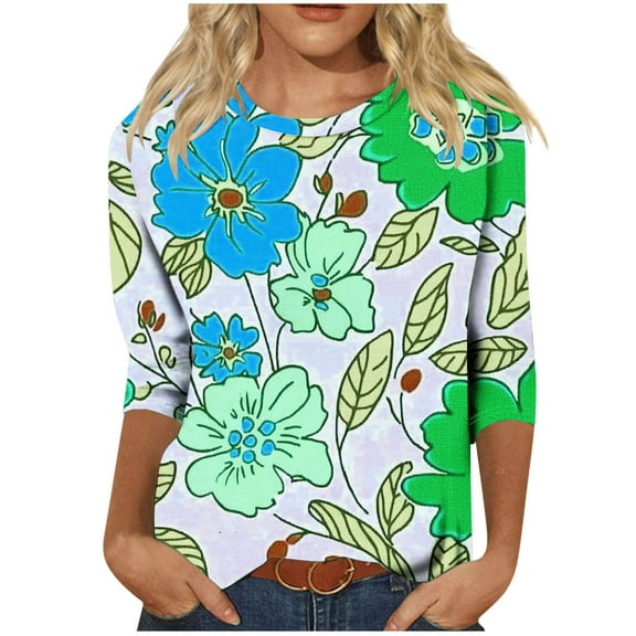 CYMMPU Floral Printed 3/4 Sleeve Tunic Tops Loose Fit Crew Neck Blouses for Women Dressy Casual Fall Trendy Shirts Spring Tops Empire Waist A Line T-Shirts M