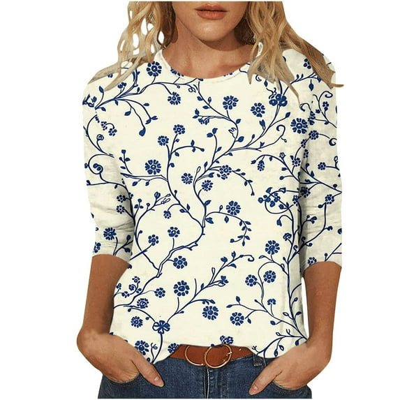 CYMMPU Floral Printed 3/4 Sleeve Tunic Tops Summer Fashion Shirts Loose Fit Blouses for Women Dressy Casual Spring Tops Crew Neck Lightweight Basic T-Shirts Multicolor XXXL