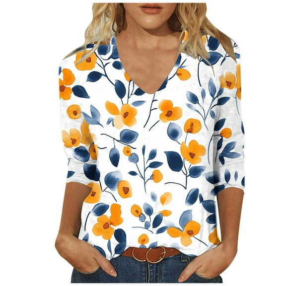 CYMMPU Floral Printed 3/4 Sleeve Tunic Tops V Neck Summer Fashion Shirts Blouses for Women Dressy Casual Loose Fit Spring Tops Business Elegant Work Topss L